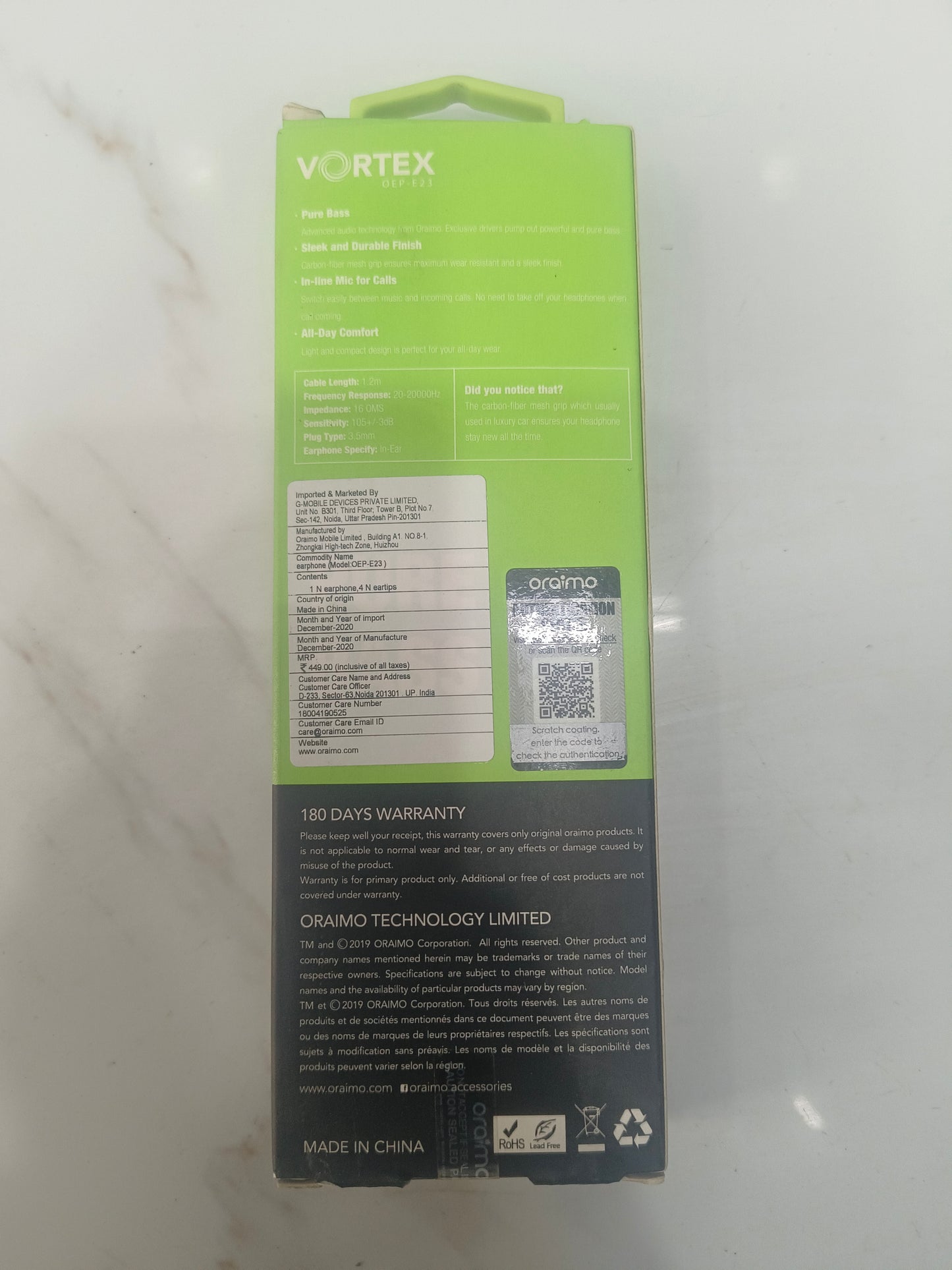 Oraimo Vortex OEP-E21 wired earphones in white